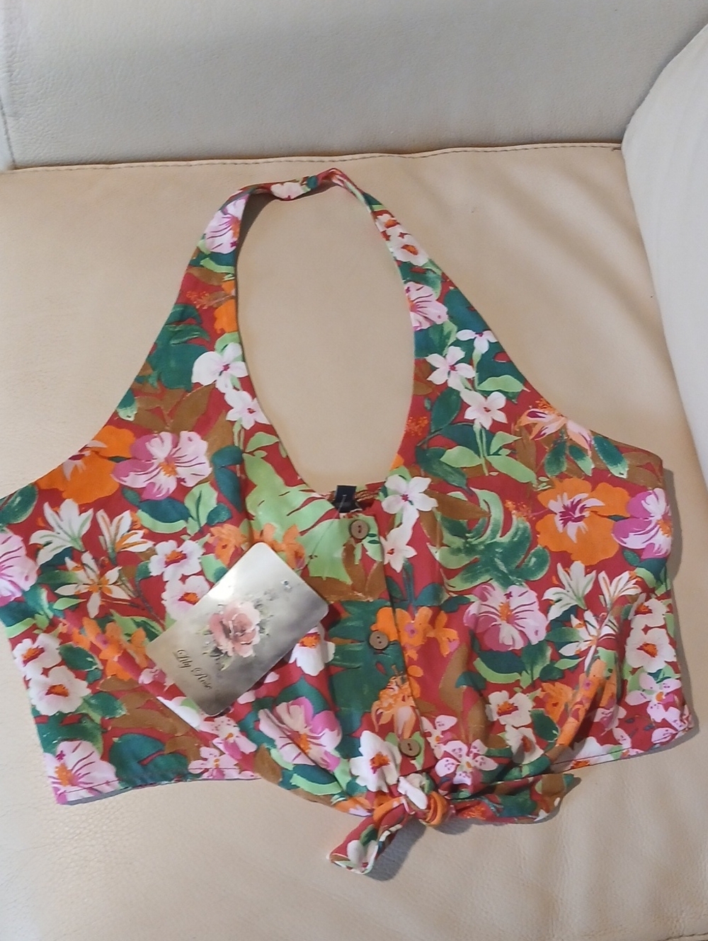 Floral Halter Crop Top - Pink & Green